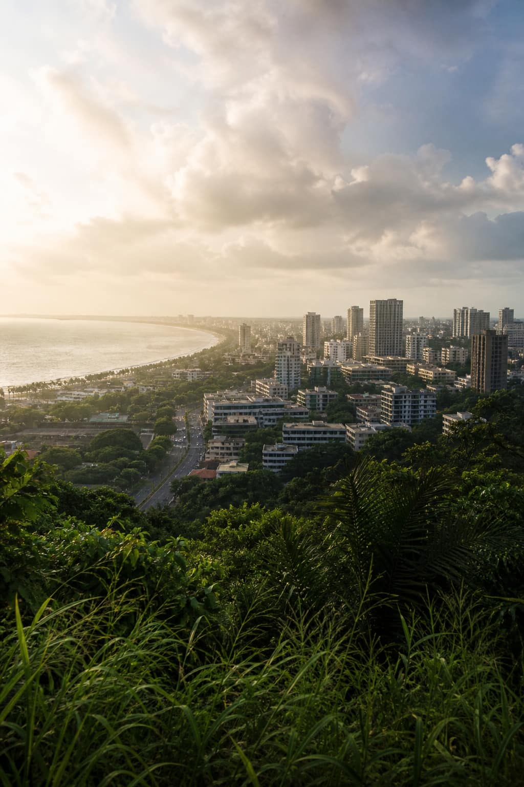 Vue contemporaine d'une ville côtière africaine, lumière atlantique et végétation tropicale