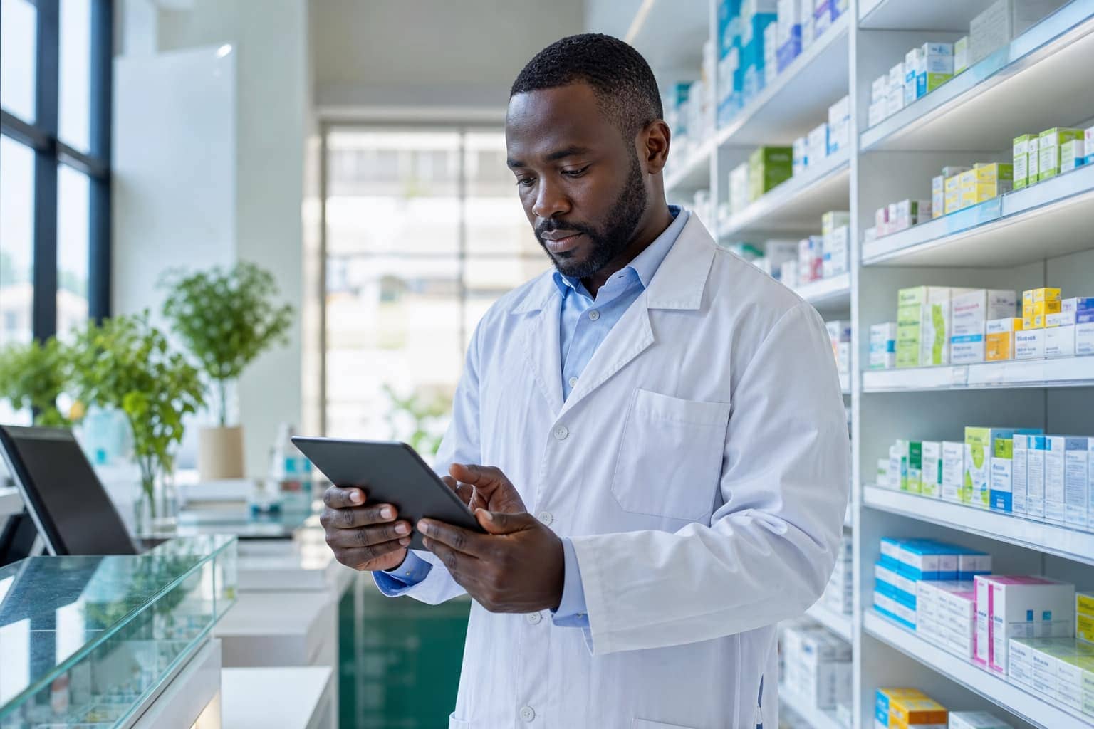 Pharmacien africain consultant une tablette dans une officine moderne