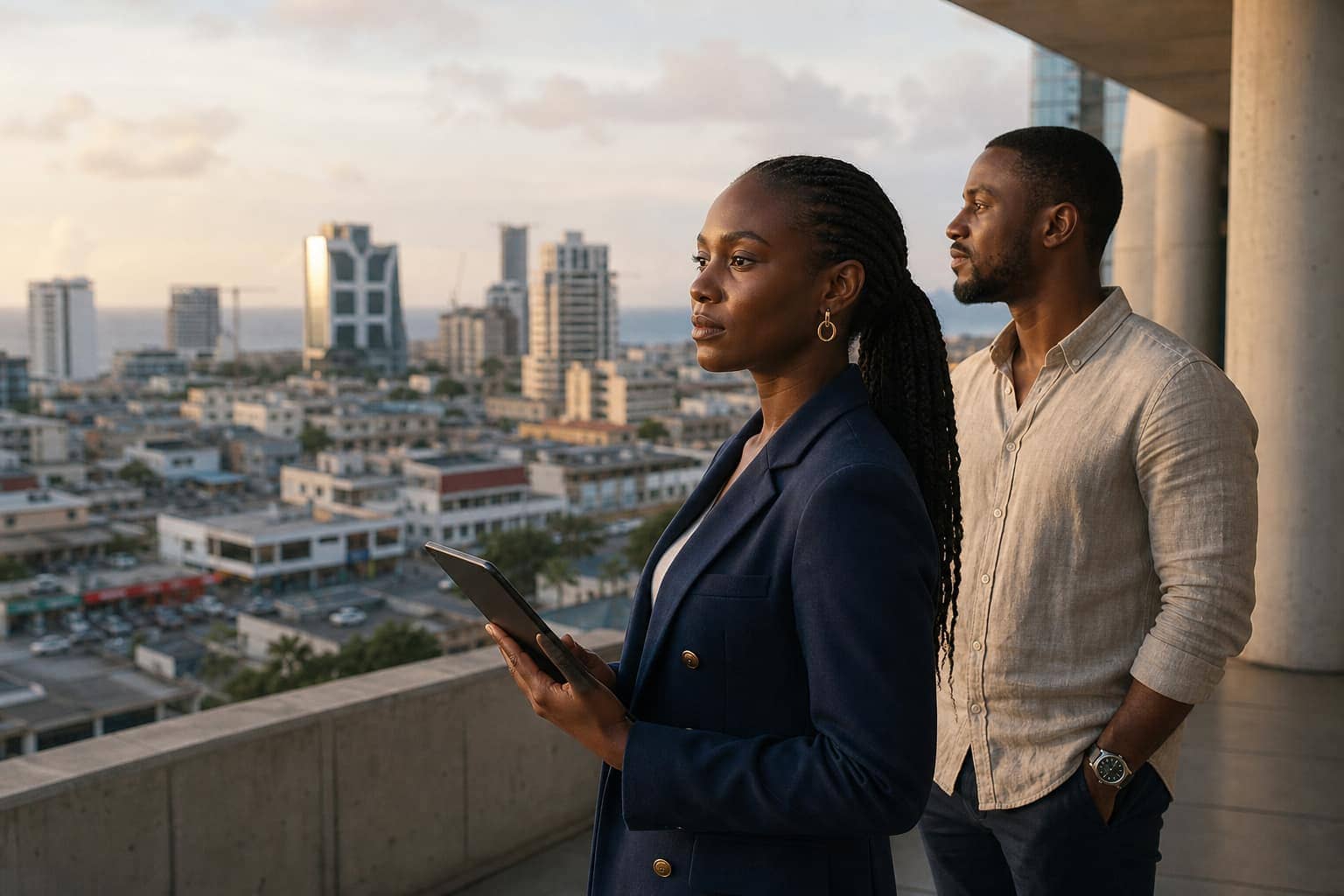 Professionnels africains sur une terrasse contemporaine, ville en arrière-plan